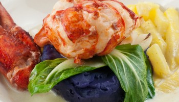 Coconut milk poached lobster with purple sweet potato puree and pineapple green curry sauce (25)