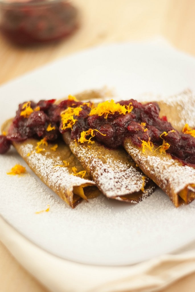 Sweet Potato Crepes with Orange Scented Cranberry Sauce PineappleandCoconut.com