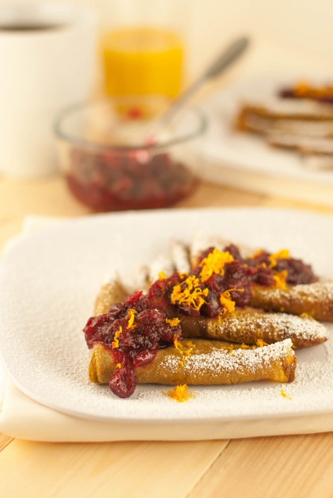 Sweet Potato Crepes with Orange Scented Cranberry Sauce PineappleandCoconut.com