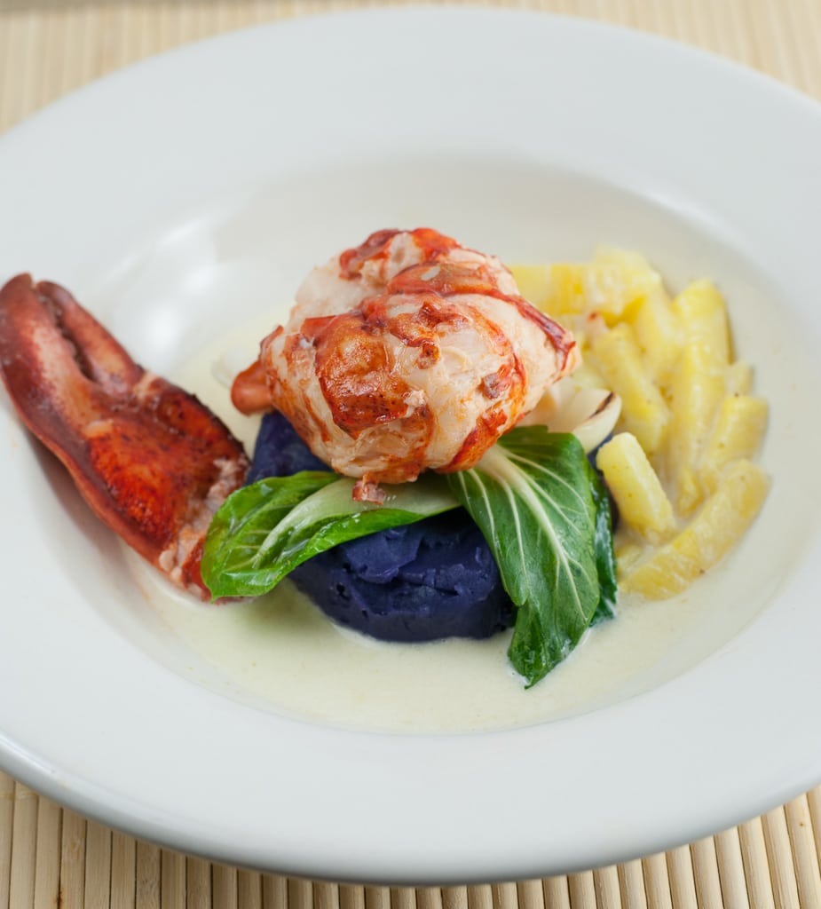 Coconut milk poached lobster with purple sweet potato puree and pineapple green curry sauce (22)