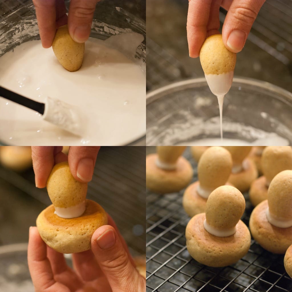 Spiced Mushroom Cookies PineappleandCoconut.com dipping mushroom cookie stems in icing then gluing to cookie caps