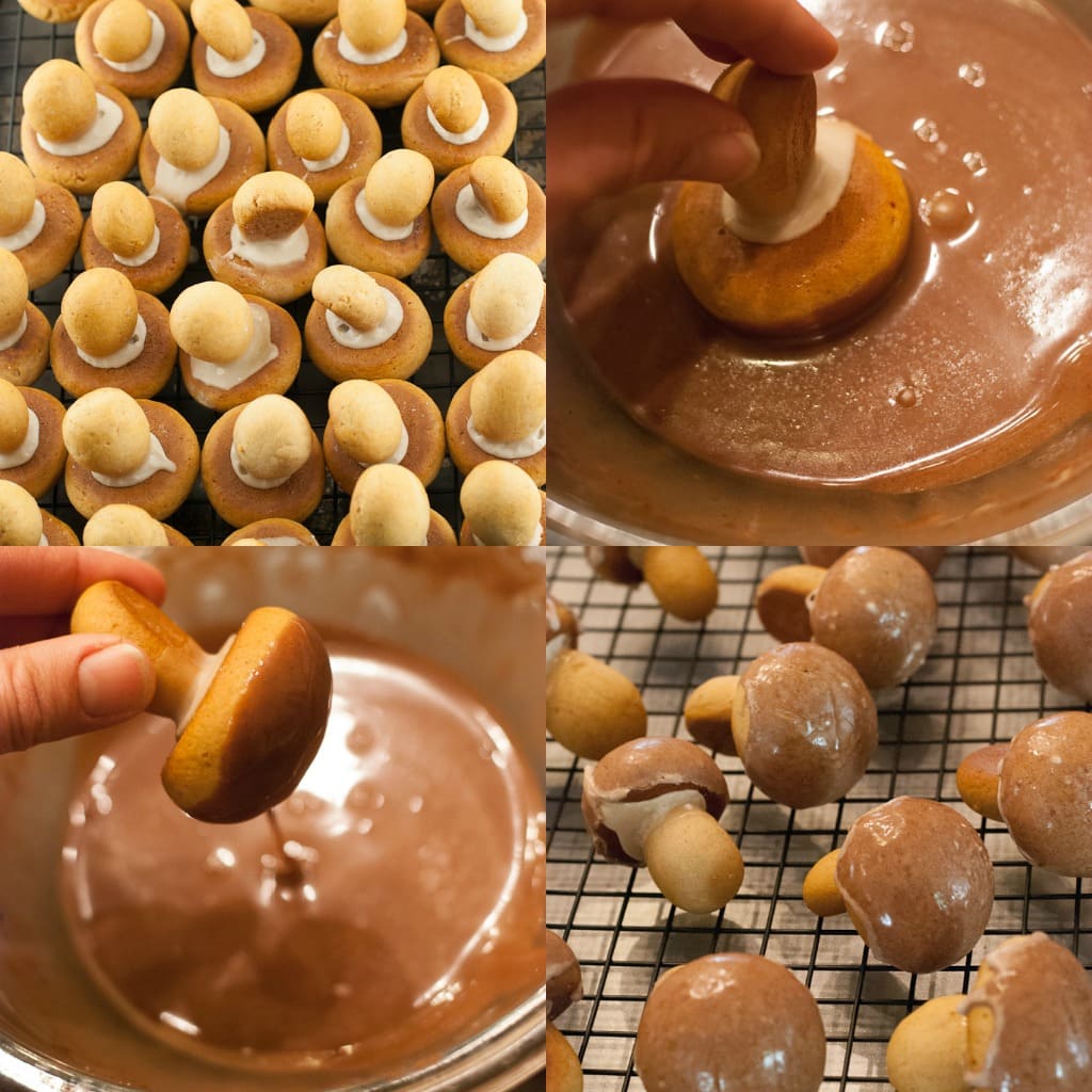 Spiced Mushroom Cookies PineappleandCoconut.com glazing mushroom cookie caps then drying the cookies
