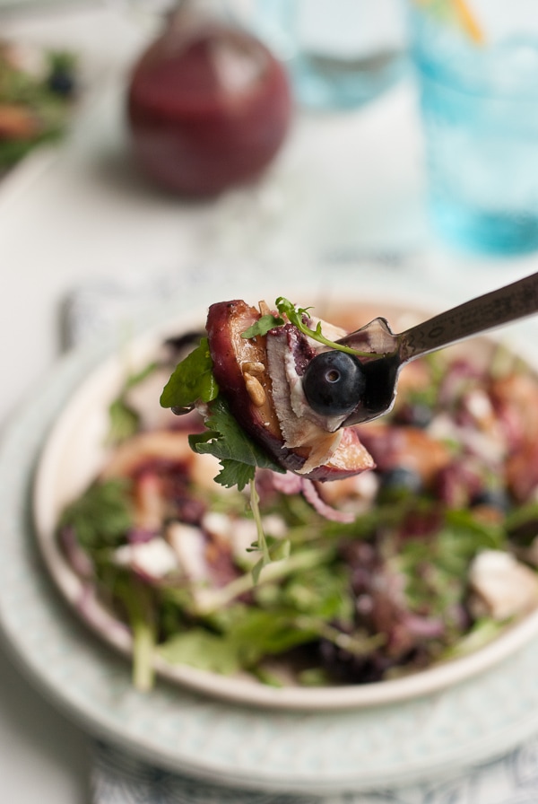 Grilled White Peach and Chicken Salad With Blueberry Basil Vinaigrette | PineappleandCoconut.com