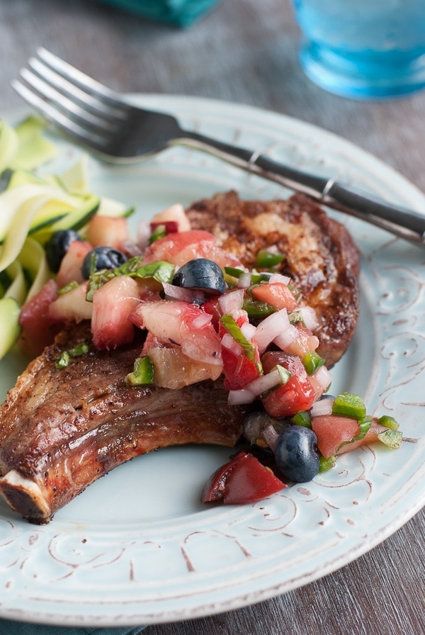 Perfectly Grilled Pork Chops with Blueberry Peach Basil Salsa