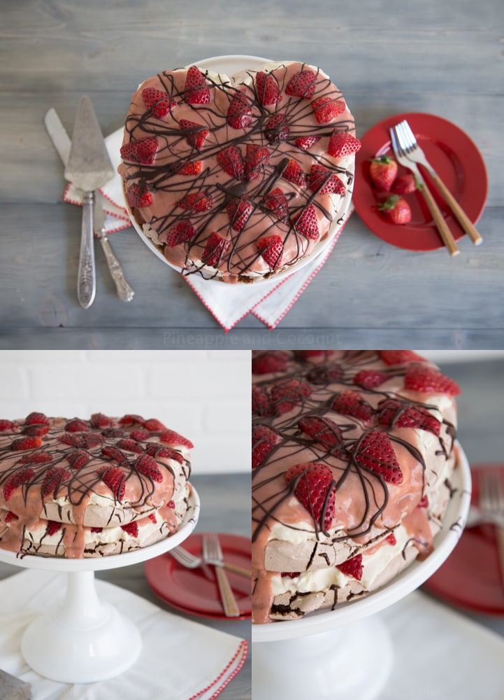 Chocolate Strawberry Pavlova. An impressive yet easy to make dessert for Valentine's Day. www.pineappleandcoconut.com
