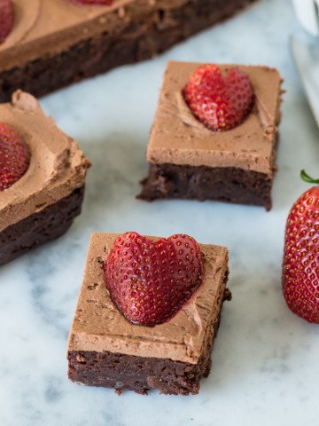 Chocolate Frosted Fudgy Brownies with Strawberries #GalentinesDay