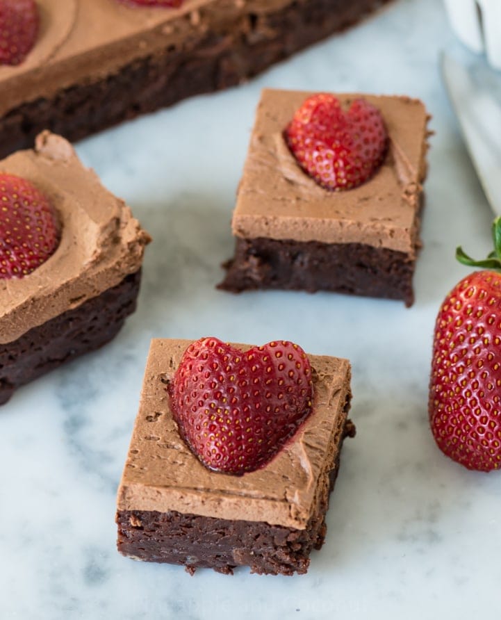 Chocolate Frosted Fudgy Brownies with Strawberries #GalentinesDay