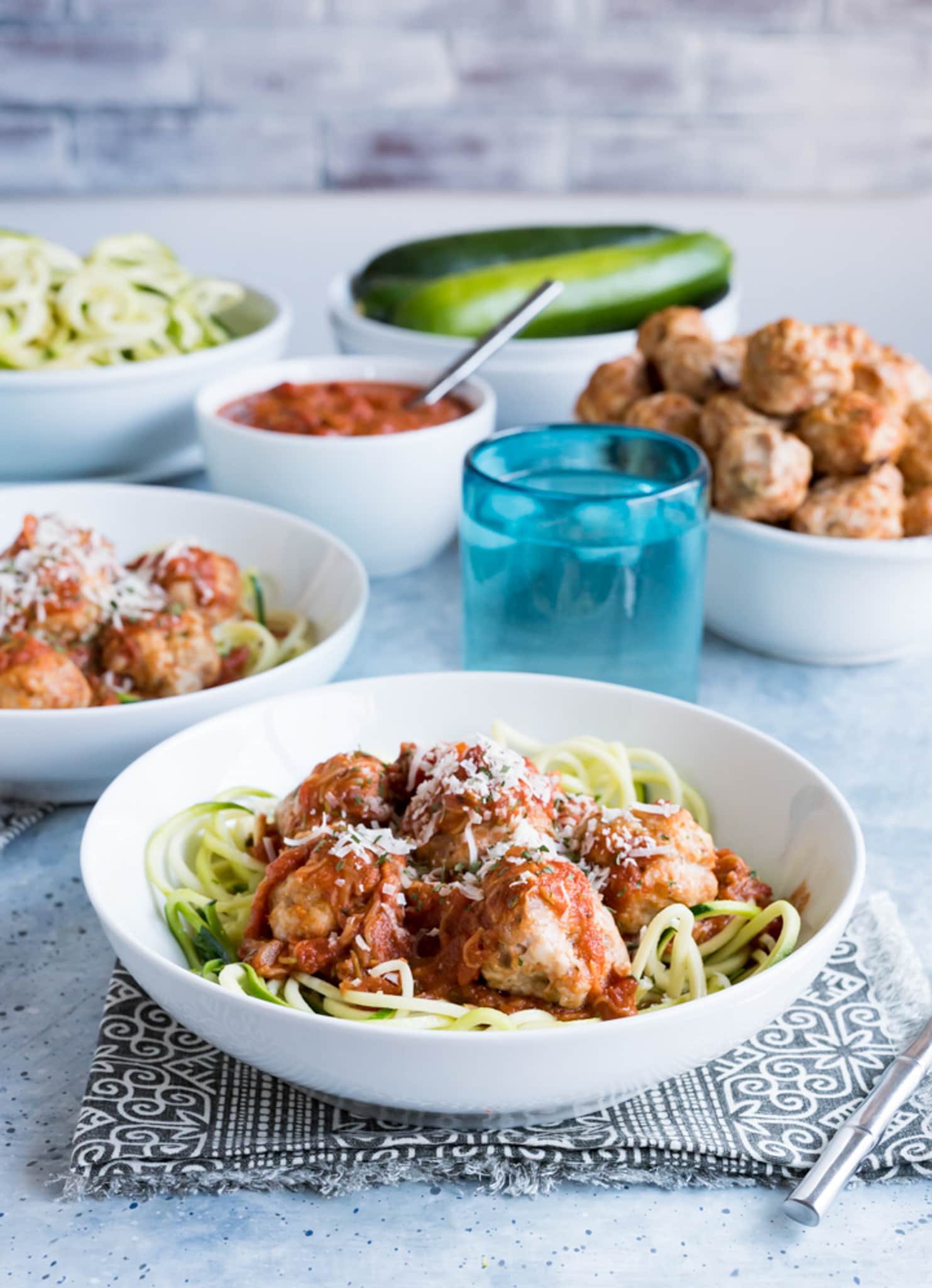 Zoodles and Baked Meatballs with Spicy Marinara Sauce