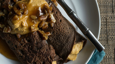 Chocolate Crepes with Spiced Pumpkin Butter Filling and Maple Pecan Syrup