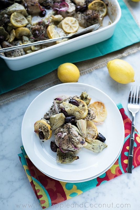 Oven Roasted Lemon Chicken Thighs with Artichokes and Kalamata Olives