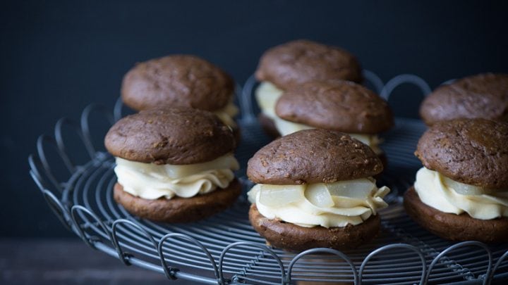 Gingerbread Whoopie Pies with Maple Poached Pears and Maple Buttercream