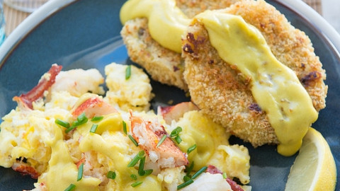 Lobster Scrambled Eggs with Wasabi Hollandaise and Crispy Leek and Potato Cakes #Festivus