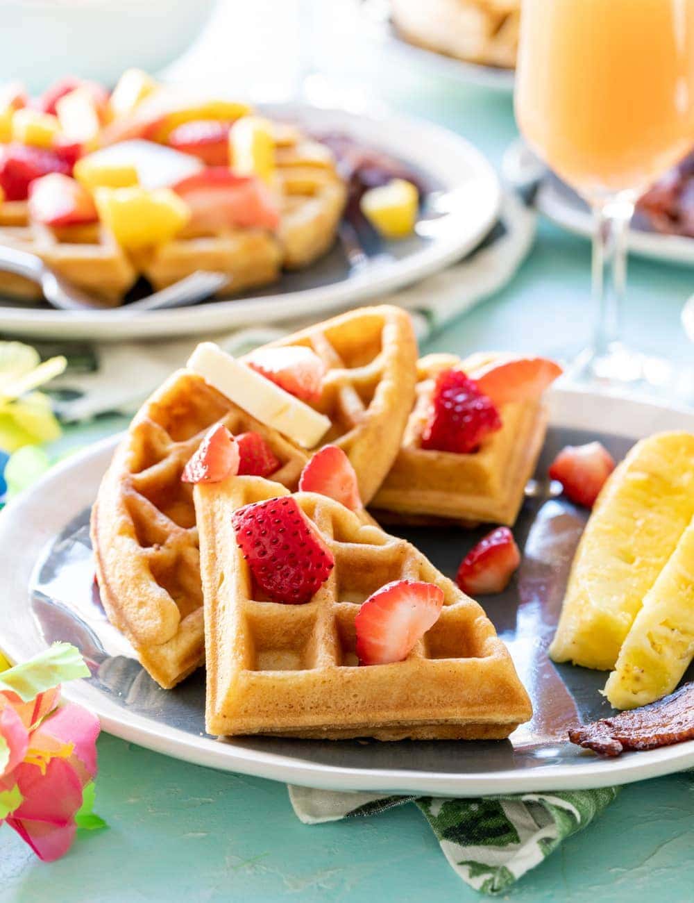 Coconut Mochi Waffles with Strawberries and Pineapple 