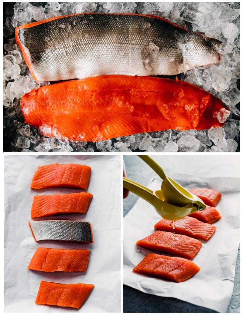 Prince William Sound Sockeye Salmon Prep collage images one with two fillets halves, one with five fillet slices, one with 5 fillet slices at an angle with lemon juice being squeezed over them 