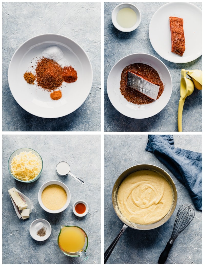 4 image collage with a bowl of spices, two bowls with spices and salmon fillets, ingredients in separate bowls for grits, pan of cooked grits