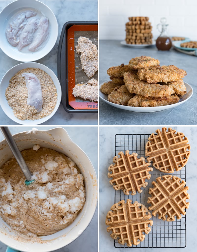 four image collage of prepartion pics for chicken and waffles chicken in coconut milk and breading, a plate of baked chicken tenders, bowl of waffle batter being mixed, cooling rack with four baked waffles on it 