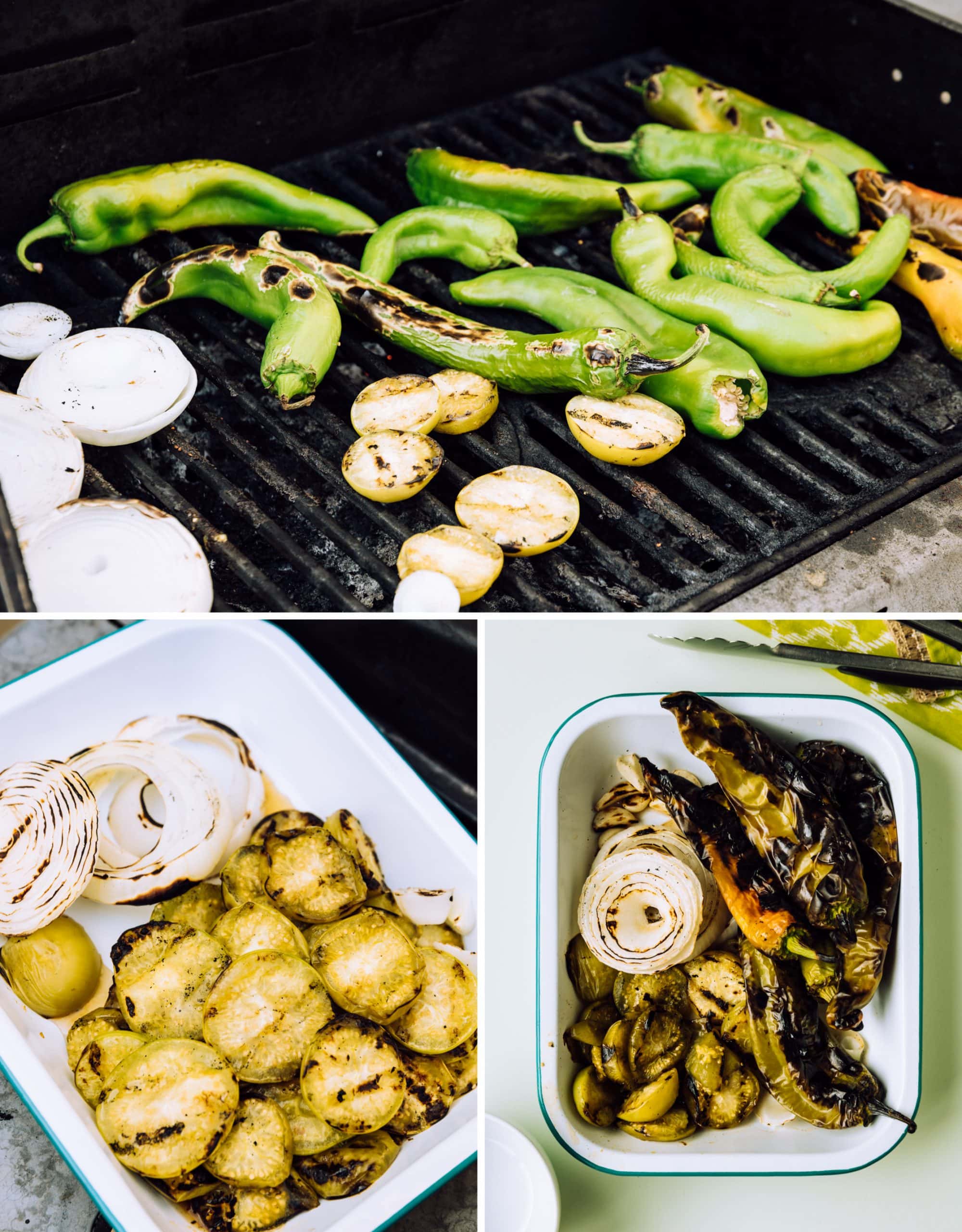 salsa prep photo collage, onion, tomatillos and chiles on a grill, tomatillos and onion in a pan, roasted chiles, tomatillo, onion and garlic in a pan