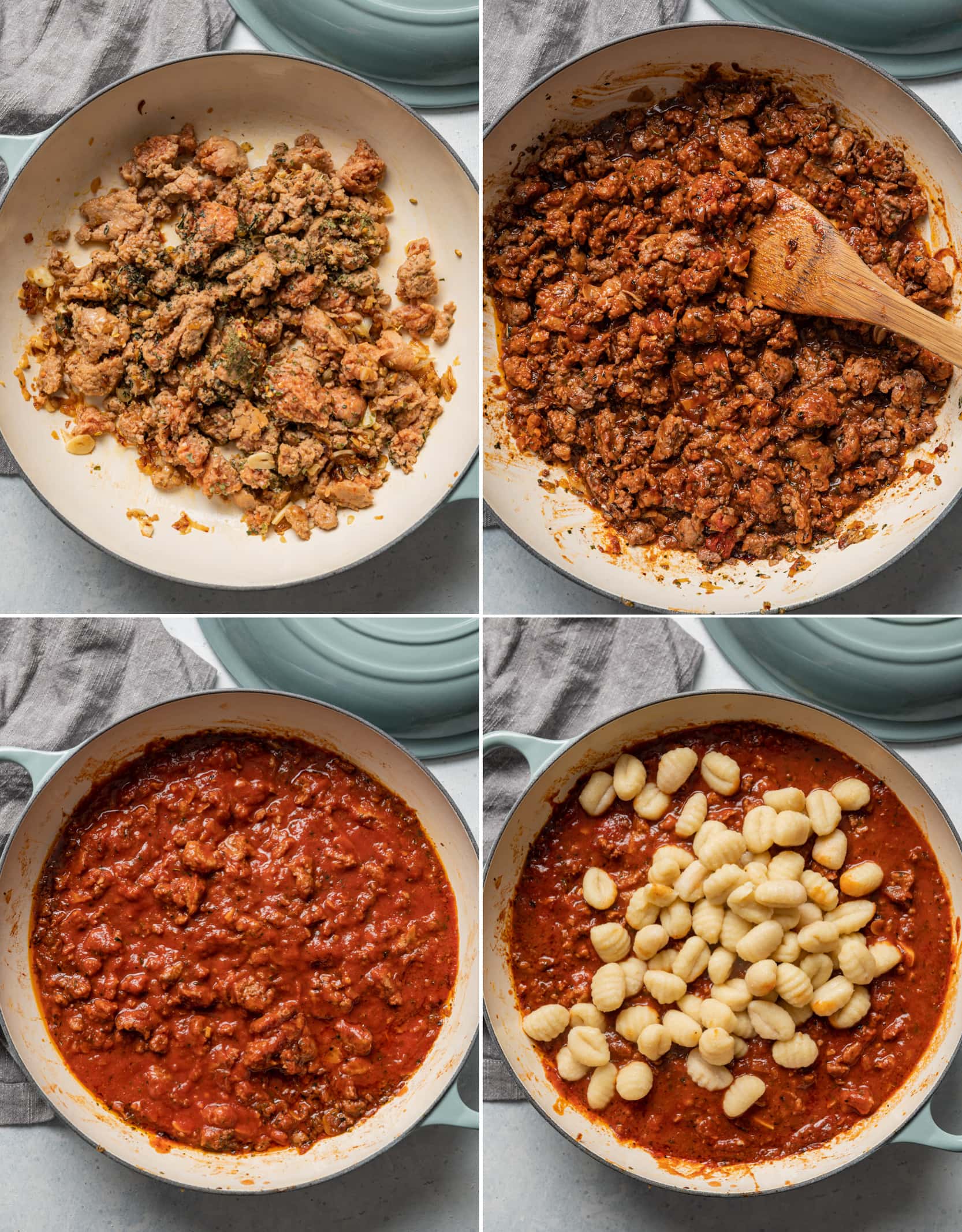 process collage of stages of Italian sausage cooking, with sauces added, with gnocchi on top