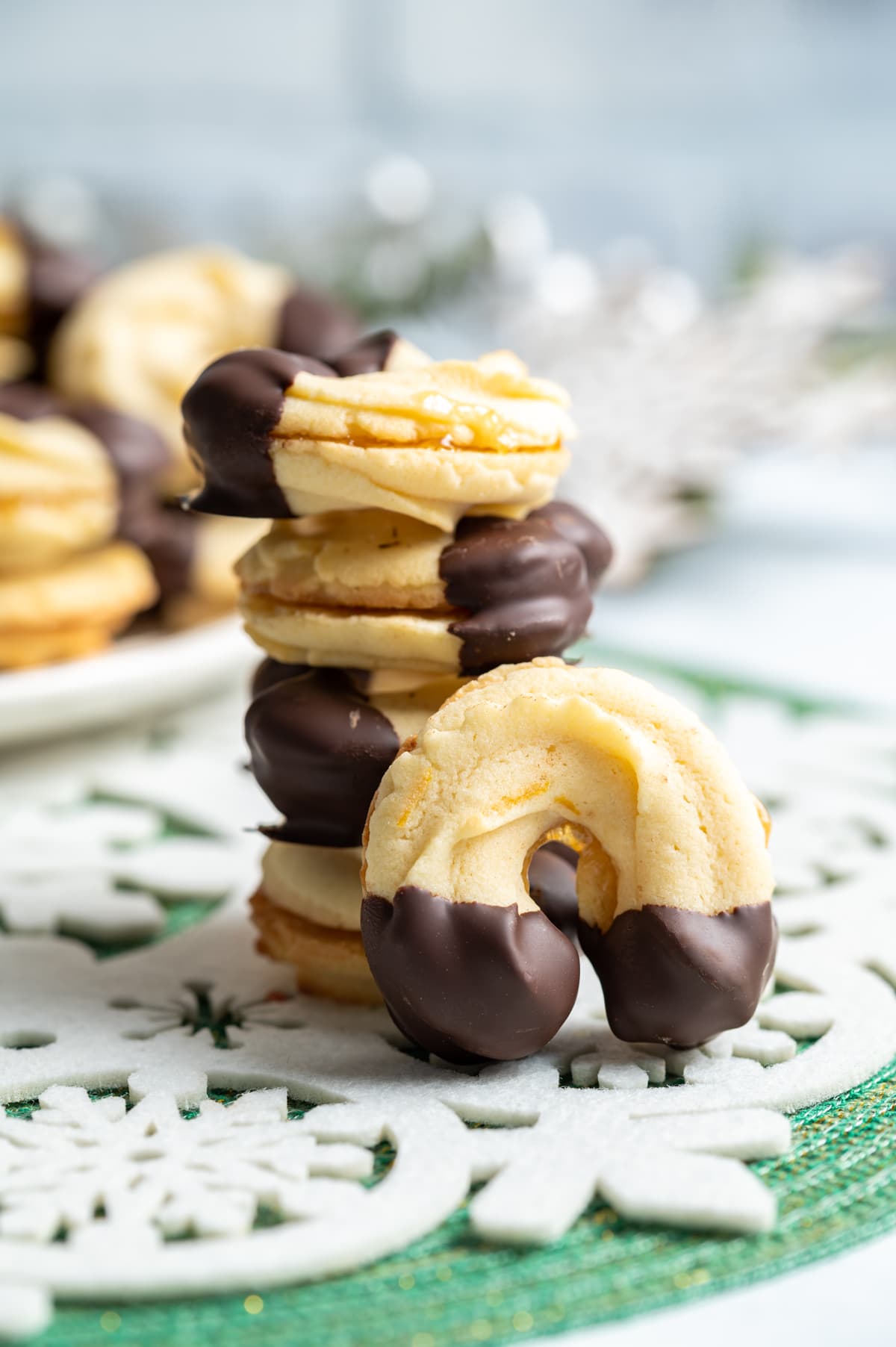 Linzer Kipferl - Austrian Chocolate Dipped Crescent Sandwich Cookies