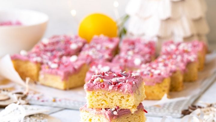 Meyer Lemon Sugar Cookie Bars with Hibiscus Frosting