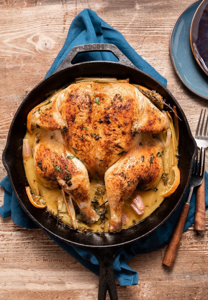 Spatchcock Skillet Roasted Chicken with Citrus and Leeks