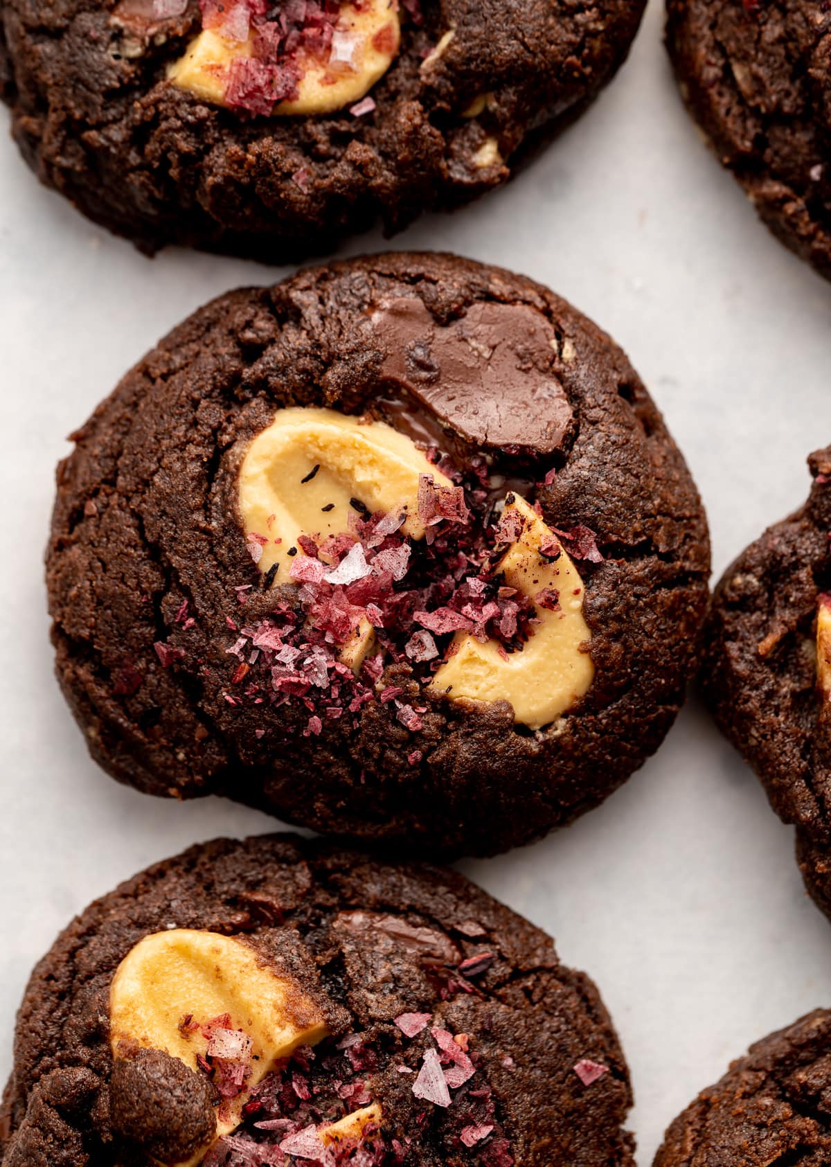 dark chocolate cookies with yellow passion fruit wafers and red hibiscus salt