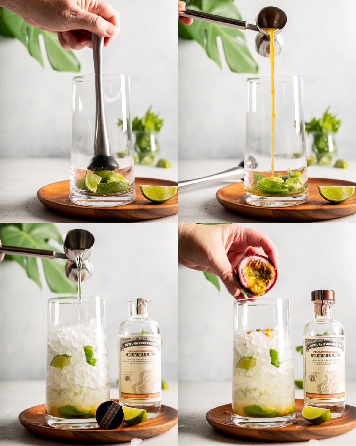 making of a cocktail in steps with limes mint passion fruit and vodka