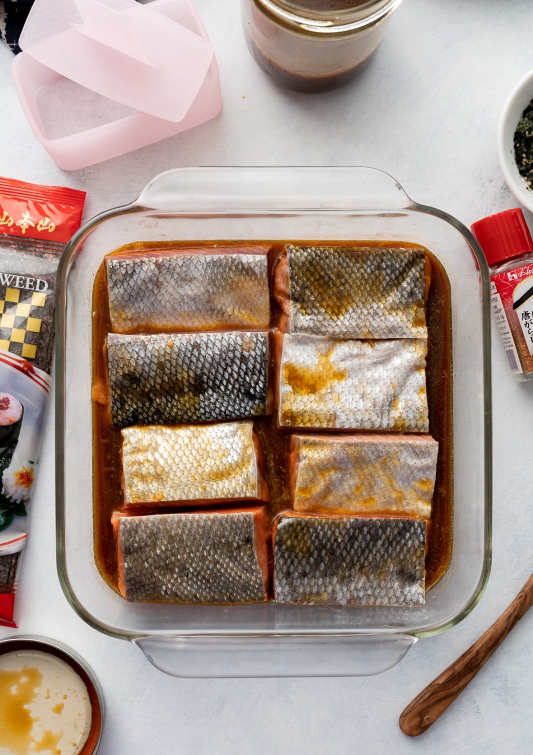 Salmon Musubi with Passion Fruit Ponzu Shoyu Sauce