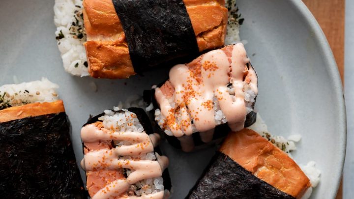Salmon Musubi with Passion Fruit Ponzu Shoyu Sauce