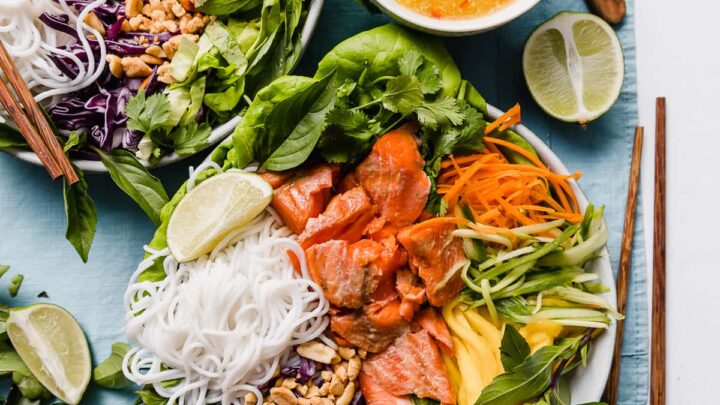 Vietnamese inspired Salmon Rice Noodle Salad Bowls with Mango Nuoc Cham