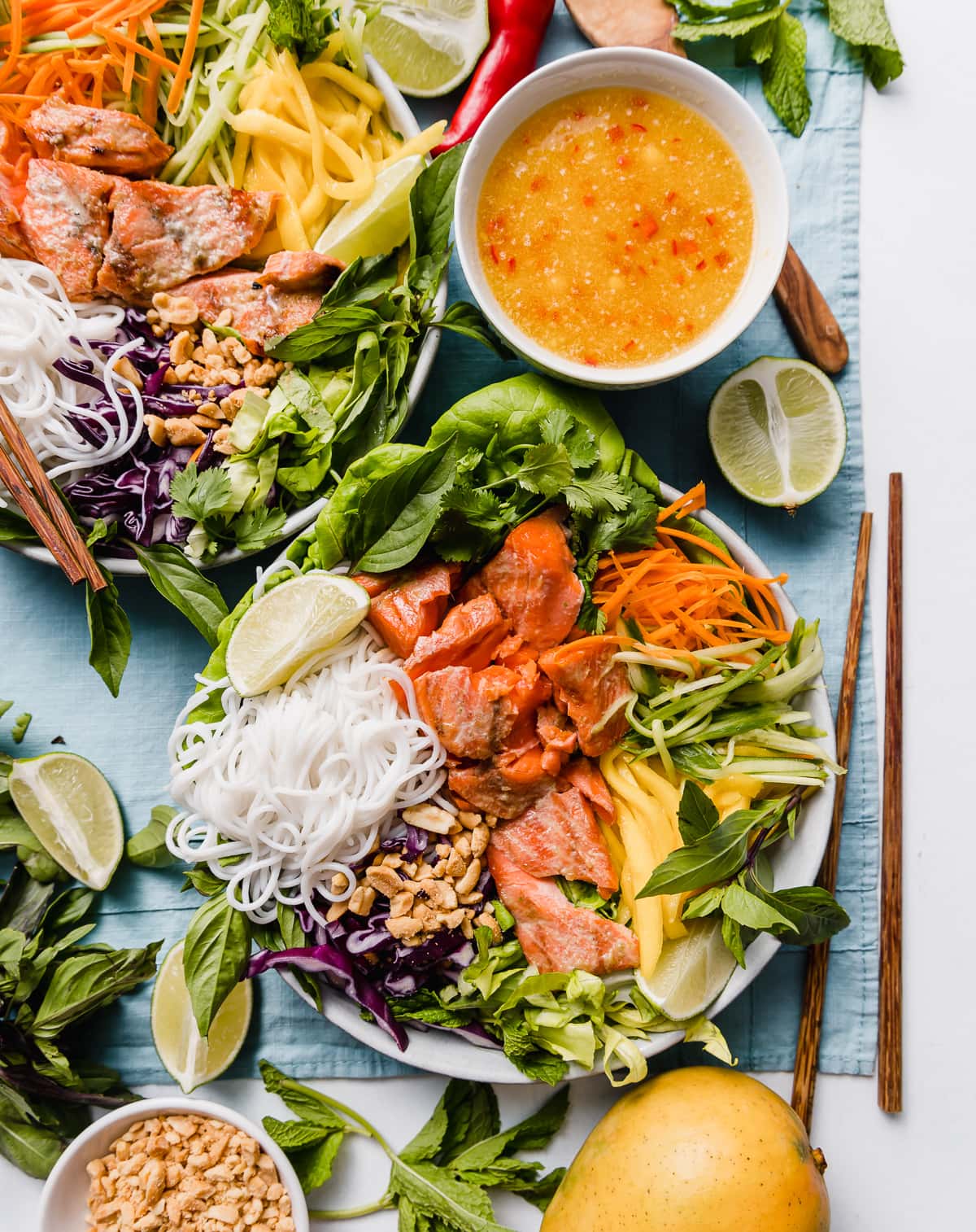 Vietnamese inspired Salmon Rice Noodle Bowls with Mango Nuoc Cham