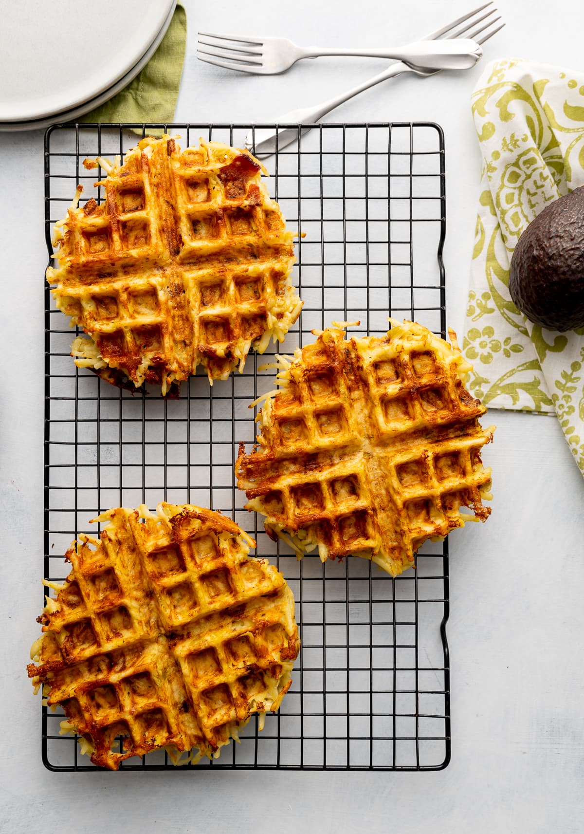 brown hash brown waffles on wire rack