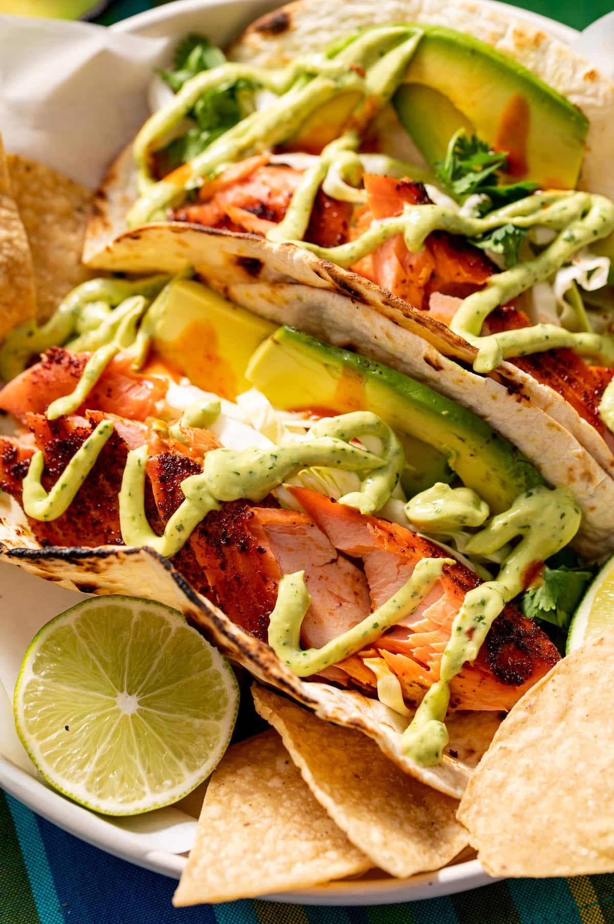 Hot Smoked Salmon Tacos with Avocado Crema - Pineapple and Coconut