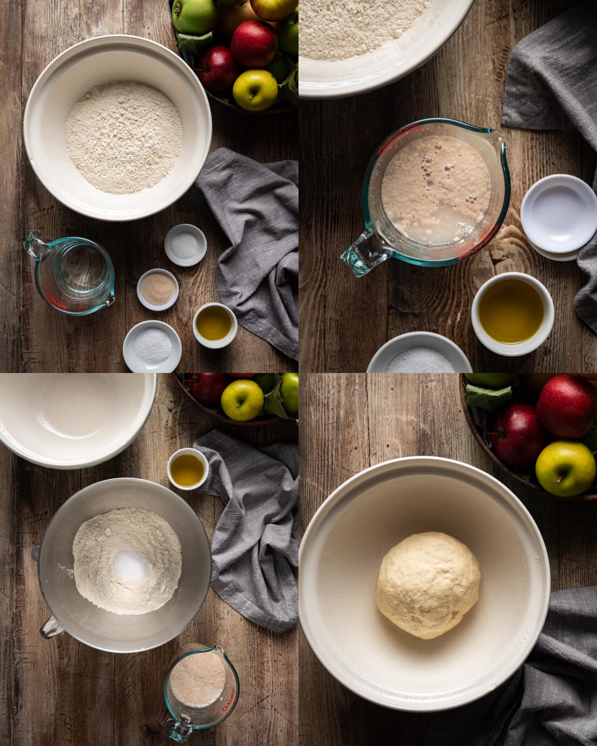 yeast dough process with flour in bowl and yeast mixture in cup