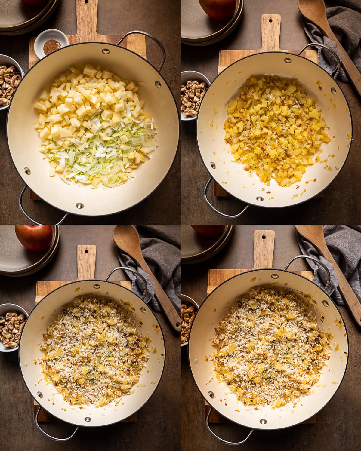 process of brie risotto being made in enamel pan 