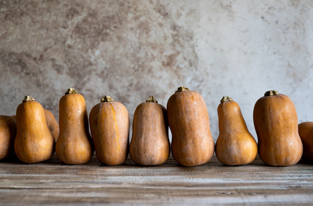 orange honeynut squash lined up in a row against a beige background
