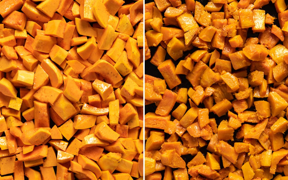 pan of uncooked orange honeynut squash pieces pan of roasted honeynut squash pieces