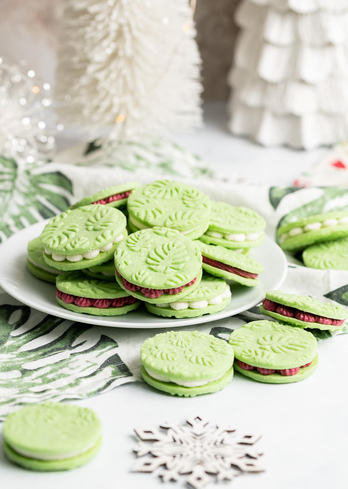 Embossed Pandan Sandwich Cookies with Coconut and Hibiscus Buttercream