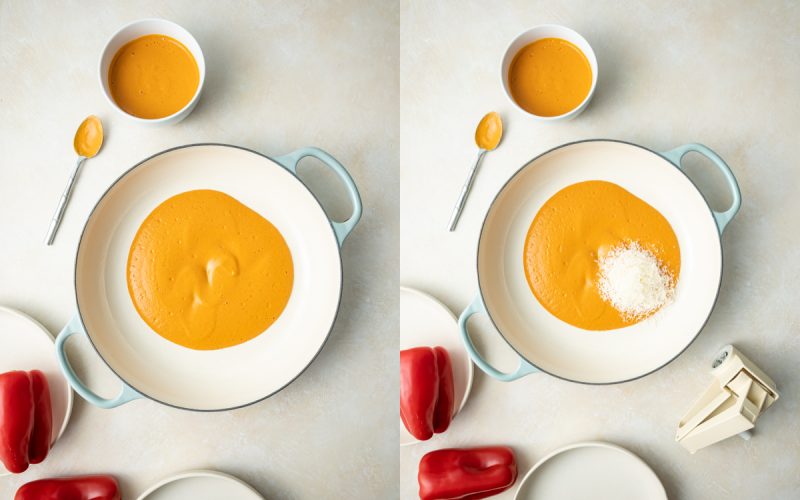 reddish orange pasta sauce in a white and aqua pan bowl of same sauce spoon