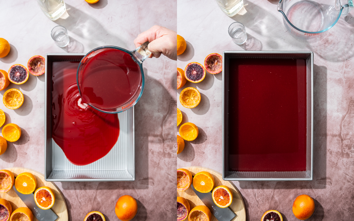dark red blood orange and tangerine juice being poured into a pan and a pan full of the same juice