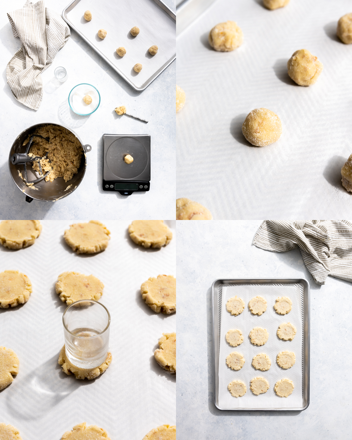 steps to make coconut cookies being weighed out rolled into balls pressed with a glass pan of baked cookies