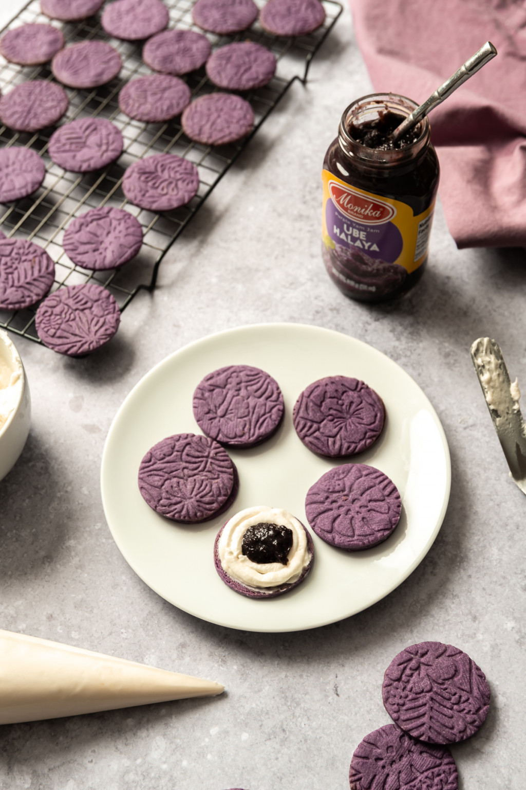 Ube Sandwich Cookies with Coconut Frosting and Ube Halaya Jam