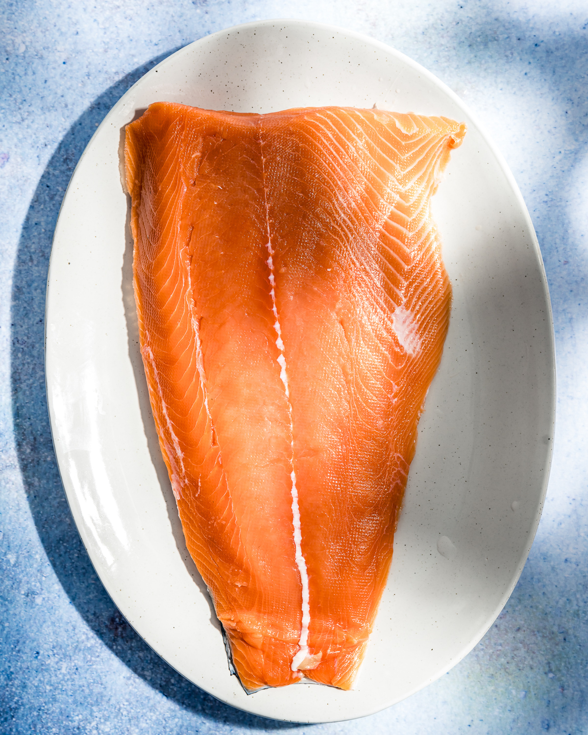 plate with a fillet of raw alaskan king salmon