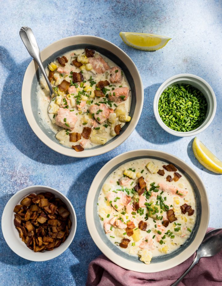 Corn and Salmon Chowder with Sweet Potatoes