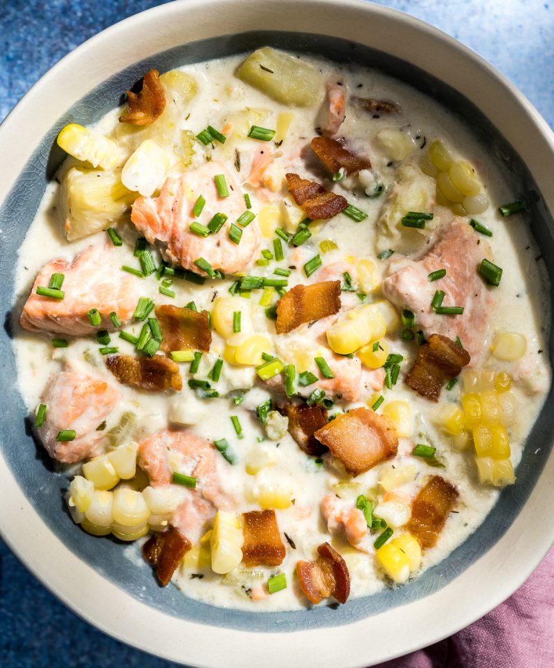 Corn and Salmon Chowder with Sweet Potatoes