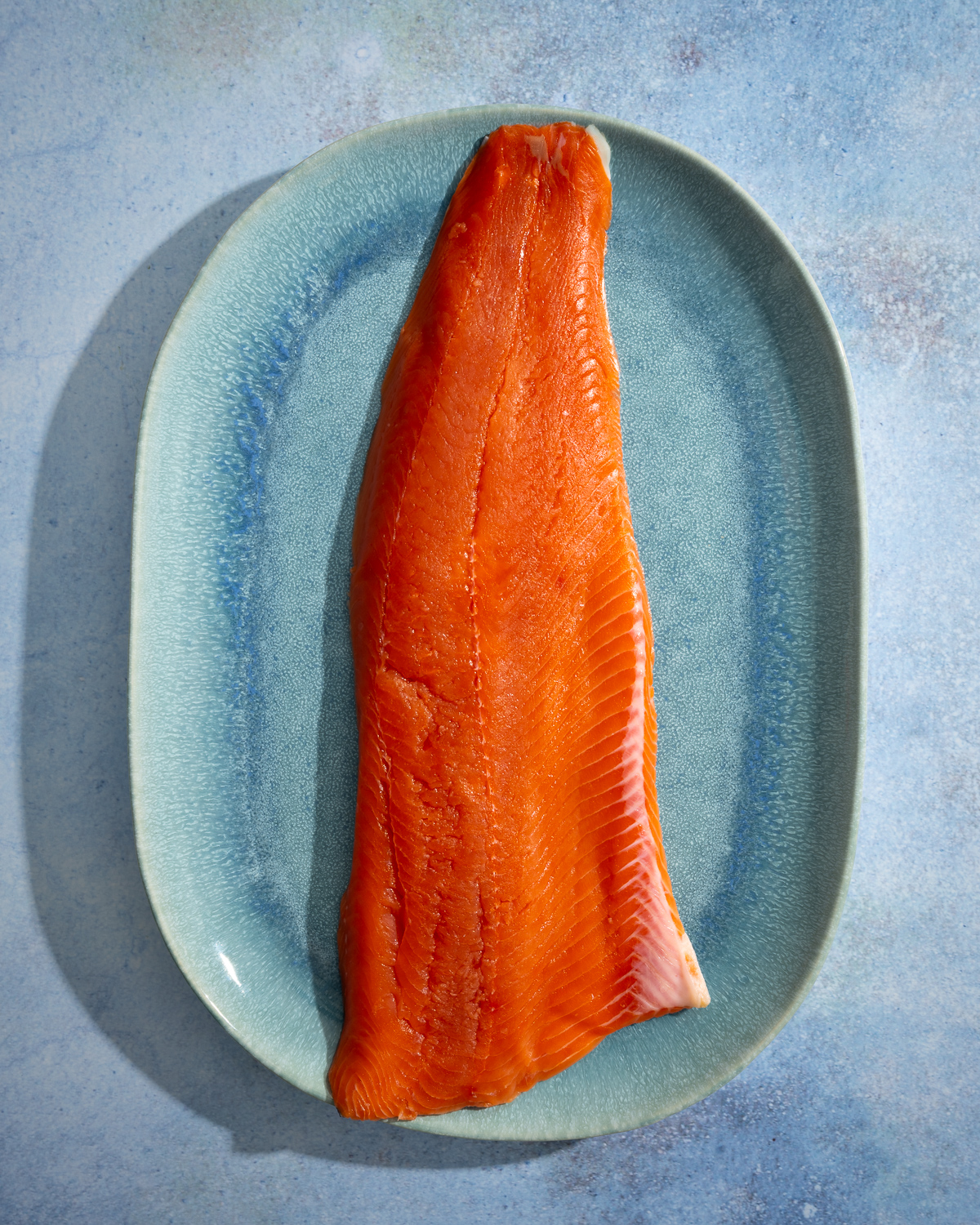 raw wild Alaskan coho salmon on a blue platter 