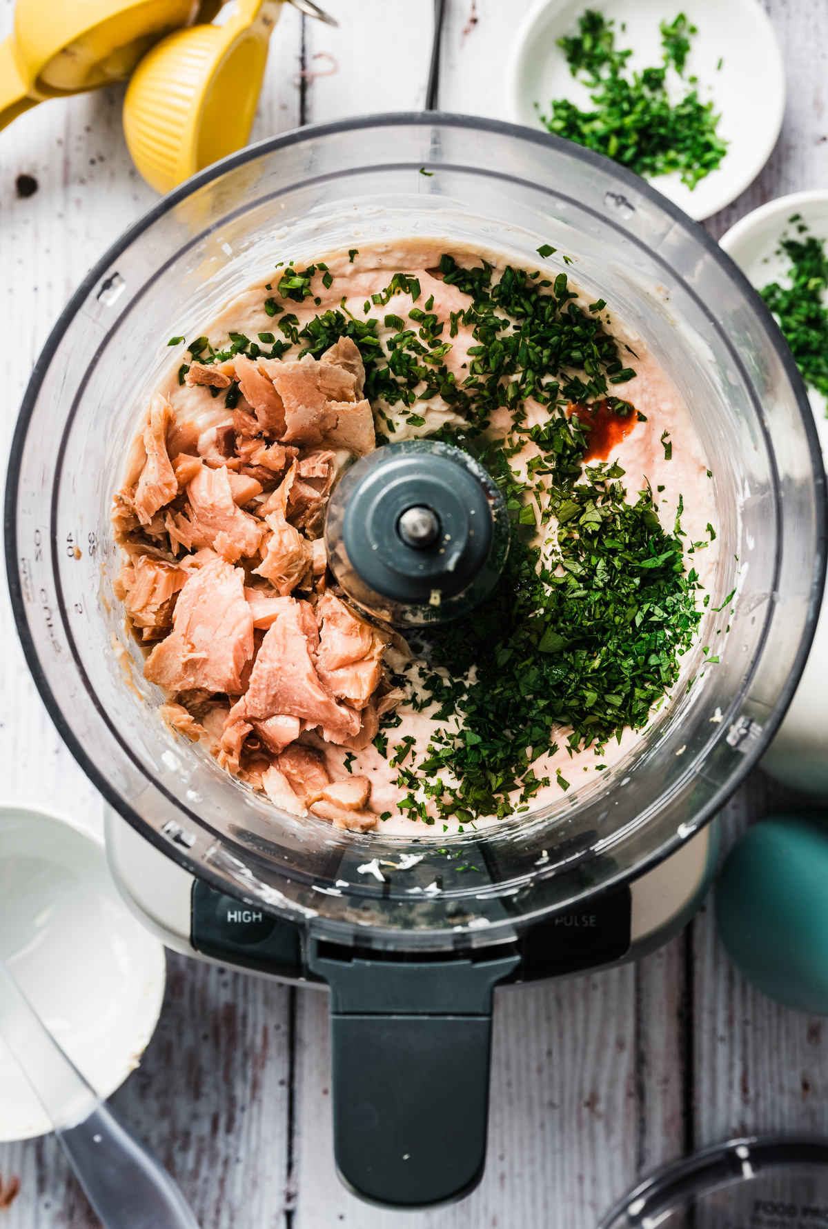 flaked smoked salmon chives and parsley in food processor