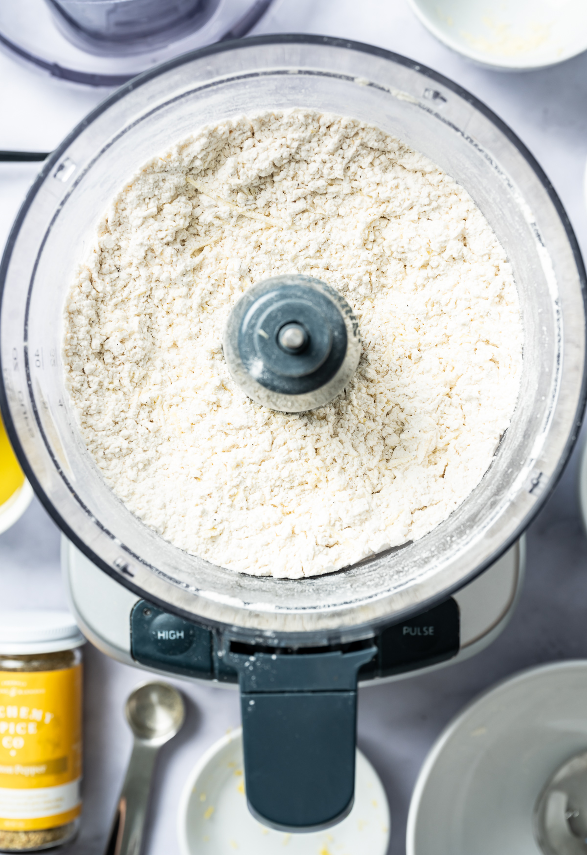 food processor with pulsed flour and cheese