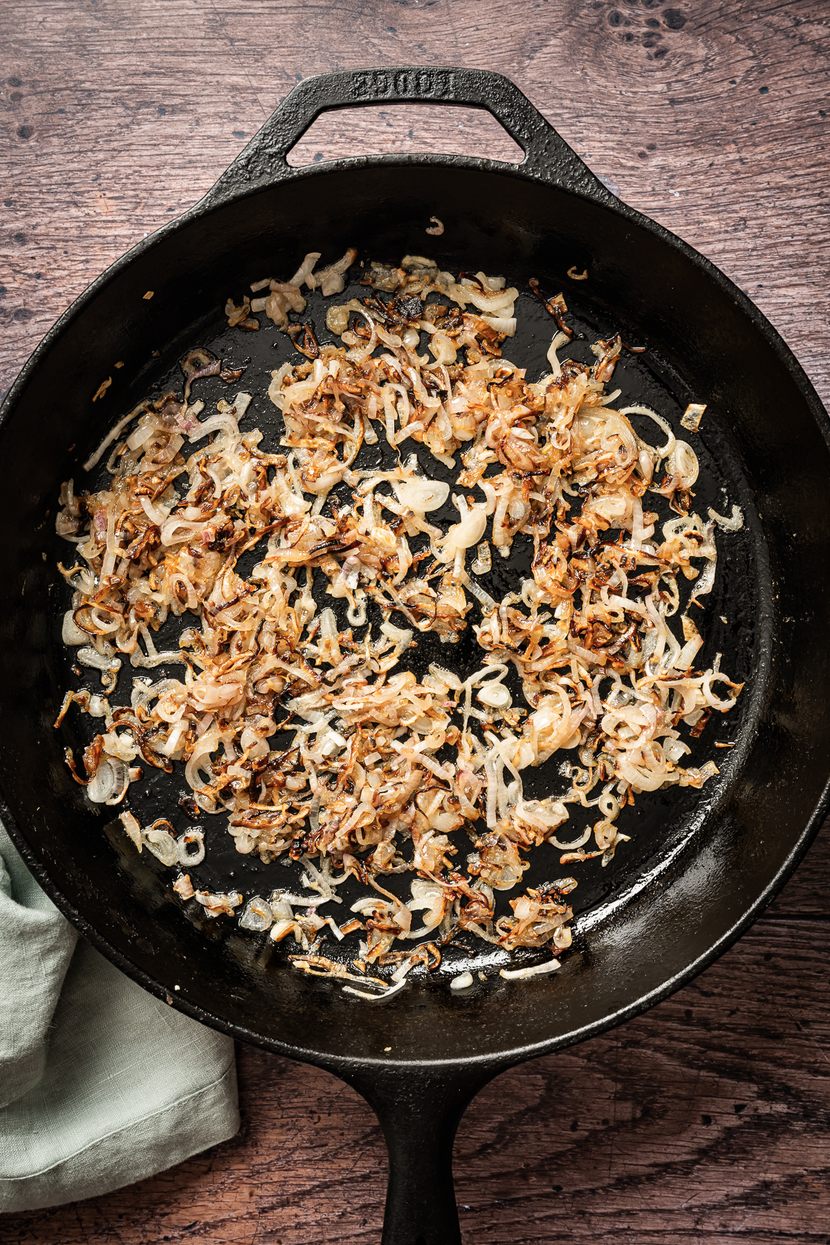 caramelized shallots in cast iron pan