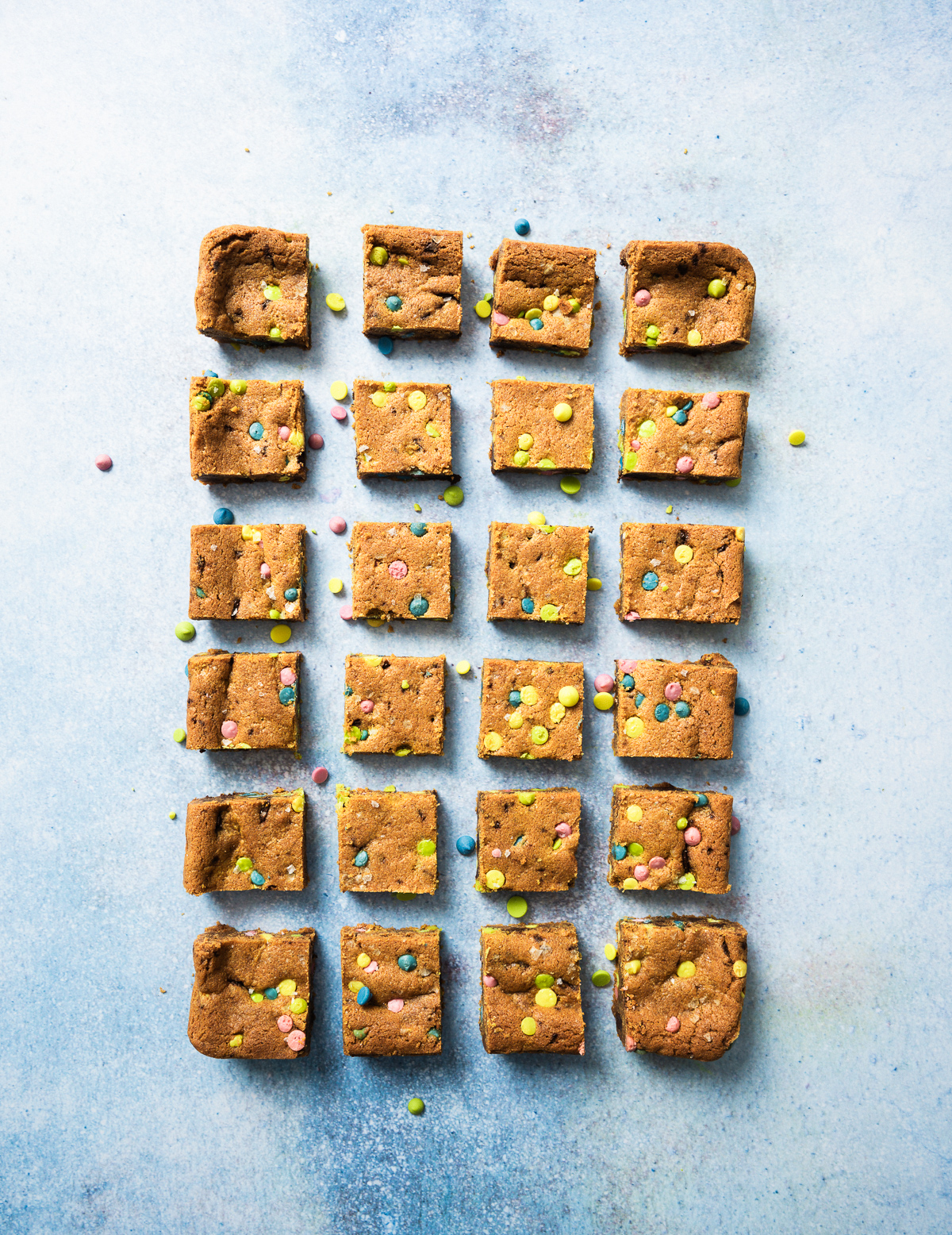squares of cookie bars lined up in rows